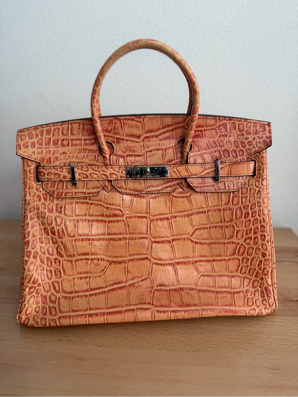 H Birkin 35 embossed croc tangerine orange PHW PLK vintage